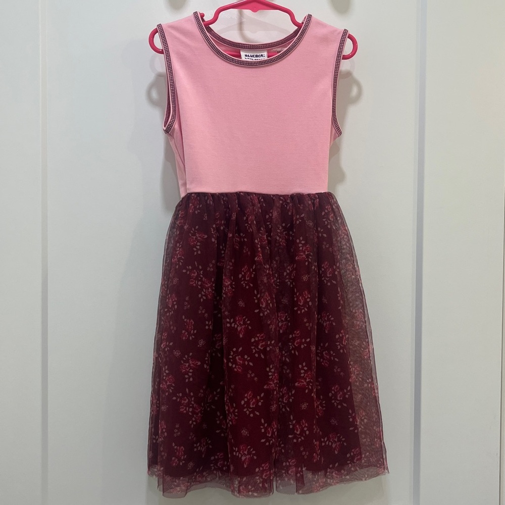 Blueberi Boulevard Kids Dress w/ Pink Top and 3 Layer Floral Burgundy Bottom, 6X